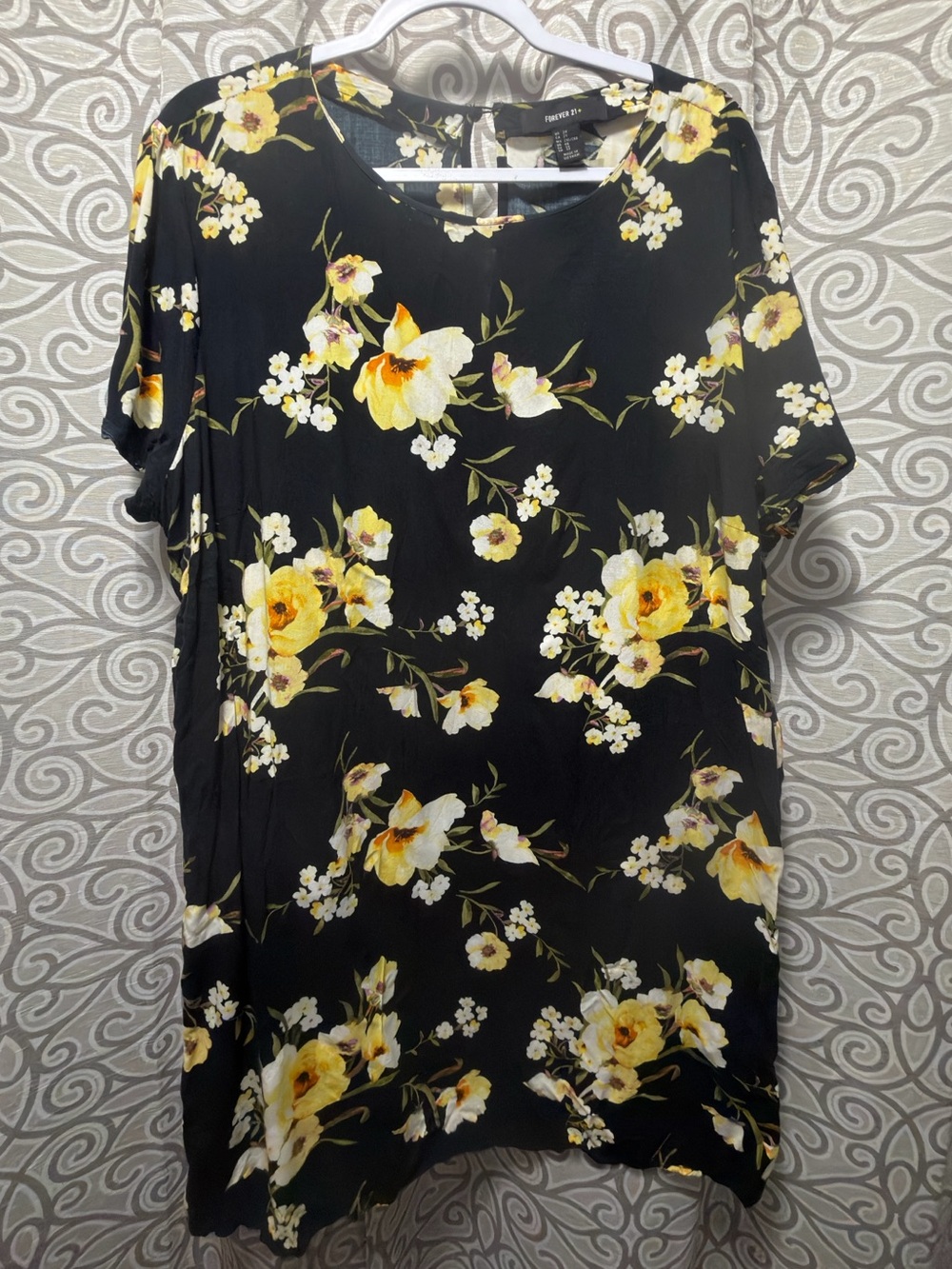 Forever 21 Black Floral Tunic with Yellow Accents